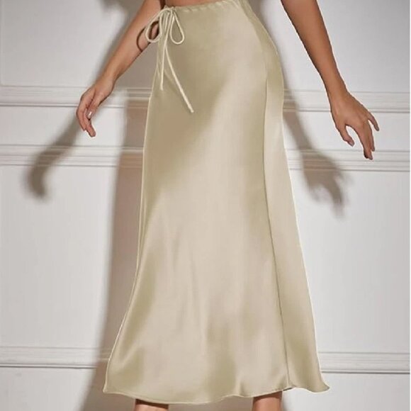 Women's Maxi Skirts Satin Drawstring High Waisted Silk Elegant Flowy Casual - Picture 3 of 4